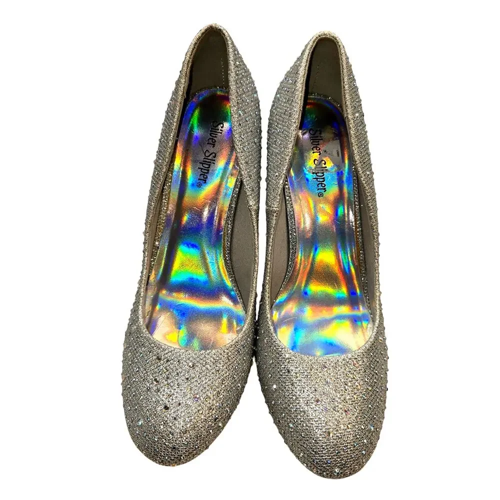 Silver Spoon Shoes 8.5 8 1/2 Silver Sparkle Closed Toe High Heel Pump Stiletto